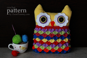 Crochet Owl Cushion With Colorful Feathers (PATTERN) crochet pattern crochet owl cushion with colorful feathers