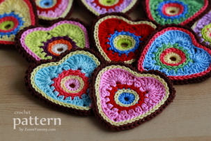 Sweet Crochet Heart Ornaments/Appliques (PATTERN) colorful crochet heart ornaments pattern